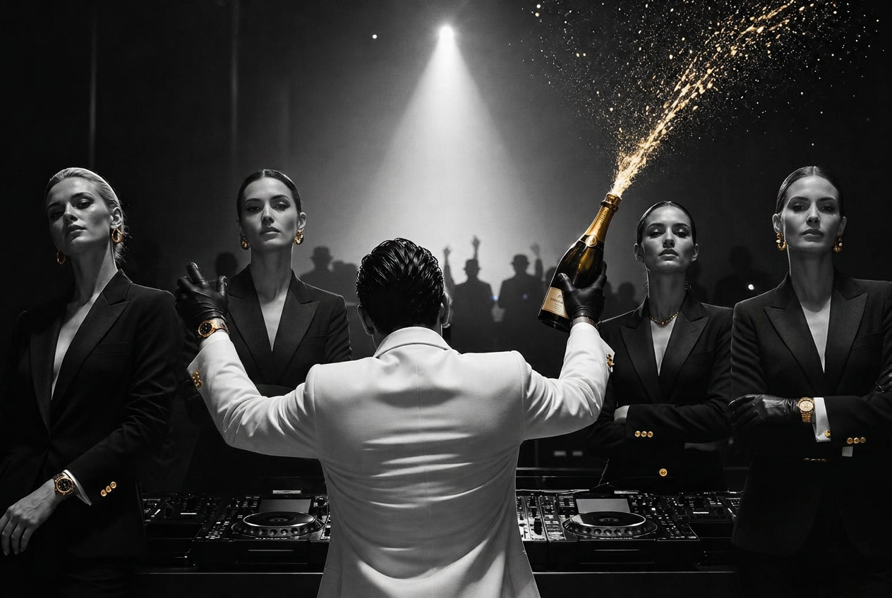 SmashLode at the DJ booth with his back to the crowd, flanked by four figures in sharp tailoring, champagne spraying in gold against a monochrome nightclub scene